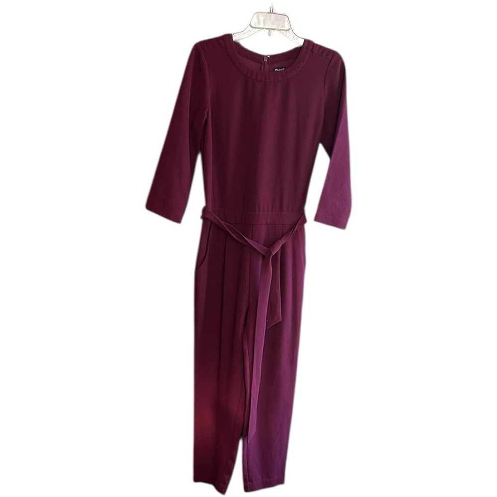 Madewell burgundy Sloan cropped jumpsuit 3/4 sleeves belt back zipper pockets 2